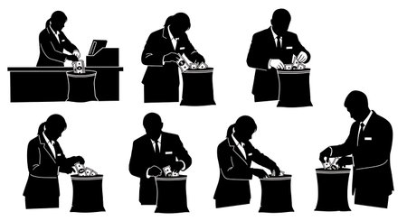 Black Solid Bank Teller Asking Supervisor Silhouettes Set of Six isolated on plain white background.のイラスト素材