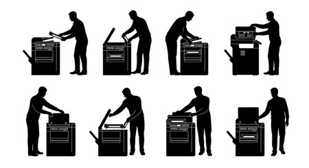 Black Solid Clerk Changing Toner Silhouettes Set of Six on White Background isolated on plain white background.のイラスト素材