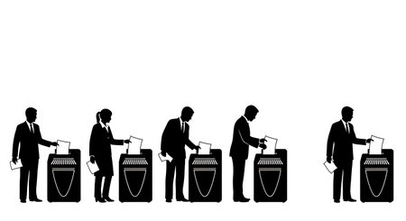 Black Solid Bank Teller Shredding Paper Silhouettes Set of Six isolated on plain white background.のイラスト素材