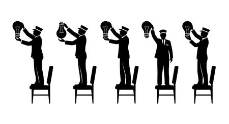 Black Solid Clerk Changing Bulb Silhouettes Set of Six on White Background isolated on plain white background.のイラスト素材