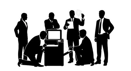 Black Solid Clerk Fixing Printer Silhouettes Set of Six on White Background isolated on plain white background.のイラスト素材