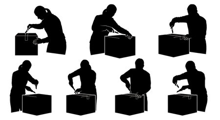 Black Solid Clerk Opening Package Silhouettes Set of Six on White Background isolated on plain white background.のイラスト素材