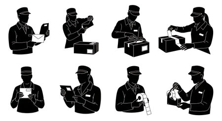 Black Solid Clerk Applying Labels Silhouettes Set of Six on White Background isolated on plain white background.のイラスト素材