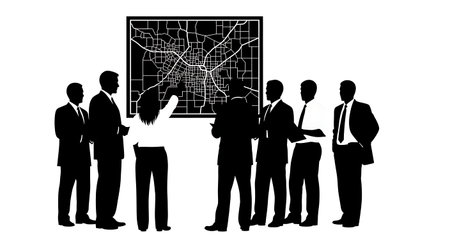 Black Solid Clerk Looking Map Silhouettes Set of Six on White Background isolated on plain white...