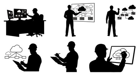 Black Solid Cloud Architect Silhouettes Set of Six on White Background isolated on plain white...