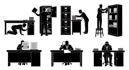 Black Solid Clerk Searching File Silhouettes Set of Six on White Background isolated on plain white background.のイラスト素材