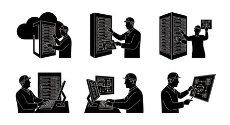 Black Solid Cloud Backup Vault Silhouettes Set of Six on White Background isolated on plain white background.のイラスト素材