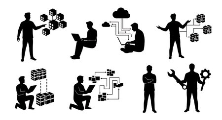 Black Solid Cloud EMR Cluster Silhouettes Set of Six on White Background isolated on plain white background.のイラスト素材