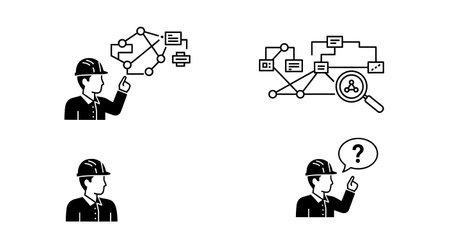 Black Solid Cloud Inspector Config Silhouettes Set of Six on White Background isolated on plain white background.のイラスト素材