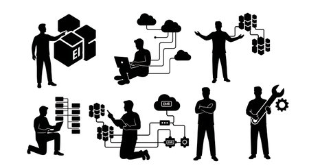 Black Solid Cloud EMR Cluster Silhouettes Set of Six on White Background isolated on plain white background.のイラスト素材