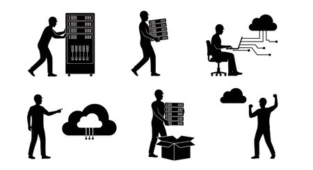 Black Solid Cloud Migration Task Silhouettes Set of Six on White Background isolated on plain white...