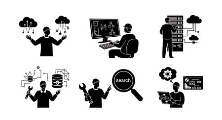 Black Solid Cloud OpenSearch Config Silhouettes Set of Six on White Background isolated on plain white background.のイラスト素材