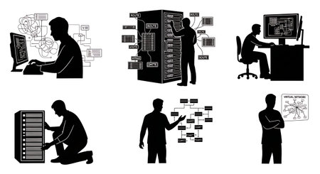 Black Solid Cloud Route Table Silhouettes Set of Six on White Background isolated on plain white background.のイラスト素材