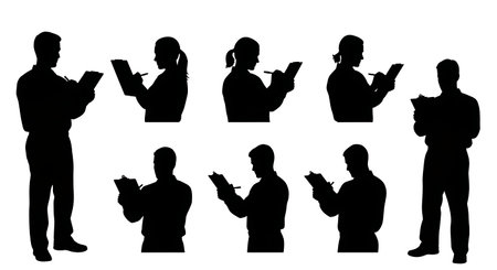 Black Solid Compliance Officer Clipboard Silhouettes Set of Six isolated on plain white background.のイラスト素材