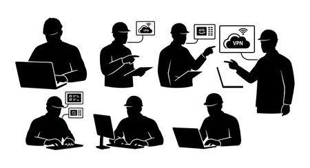 Black Solid Cloud VPN Setup Silhouettes Set of Six on White Background isolated on plain white background.のイラスト素材