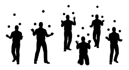Black Solid Data Engineer Juggling Balls Silhouettes Set of Six isolated on plain white background.のイラスト素材