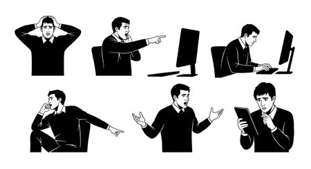 Black Solid Analysts Reacting to Cyber Breach Set of Six isolated on plain white background.のイラスト素材