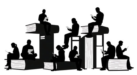 Black Solid Data Scientist Books Tablet Silhouettes Set of Six isolated on plain white background.のイラスト素材