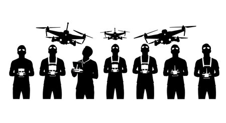 Black Solid Drone AI Pilot Remote Silhouettes Set of Six isolated on plain white background.