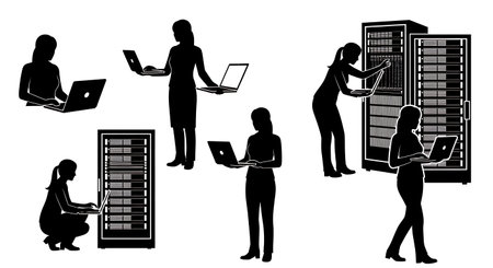 Black Solid Female System Administrator Silhouettes Set of Six on White Background isolated on plain white background.のイラスト素材