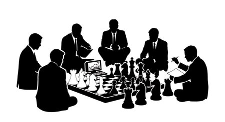 Black Solid Analysts Playing Chess Set of Six isolated on plain white background.のイラスト素材