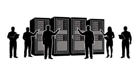 Black Solid Datacenter Manager Instructing Silhouettes Set of Six isolated on plain white background.のイラスト素材