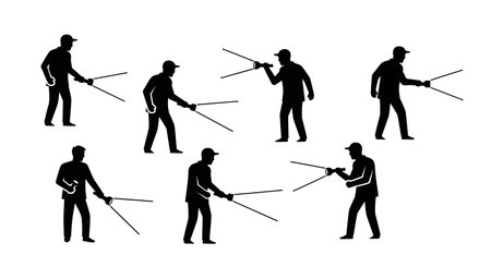 Black Solid Analysts Searching with Flashlights Set of Six isolated on plain white background.のイラスト素材