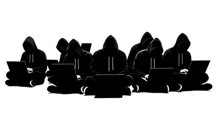 Black Solid Ethical Hackers in Hoodies with Laptops Set of Six isolated on plain white background.
