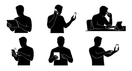 Black Solid Mobile Device Administrator Silhouettes Set of Six on White Background isolated on plain white background.のイラスト素材