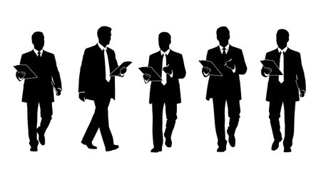 Black Solid IT Manager Clipboard Inventory Silhouettes Set of Six isolated on plain white background.のイラスト素材