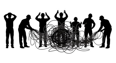 Black Solid Network AI Engineer Tangled Cables Silhouettes Set of Six isolated on plain white background.のイラスト素材