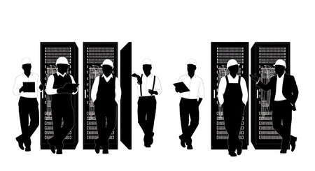 Black Solid Network Engineer Leaning Rack Silhouettes Set of Six isolated on plain white background.