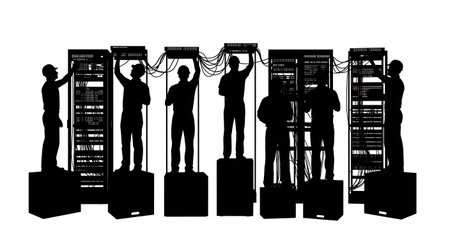 Black Solid Network Engineer Standing Crate Silhouettes Set of Six isolated on plain white...