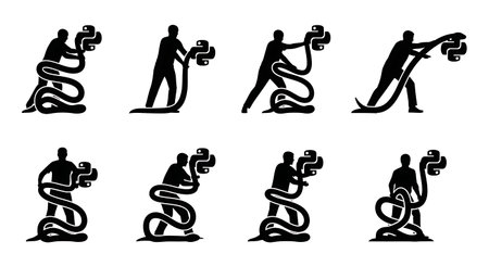 Black Solid Analysts Wrestling Snakes Set of Six isolated on plain white background.