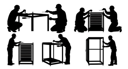 Black Solid Network Engineer Rack Assembly Silhouettes Set of Six isolated on plain white background.のイラスト素材