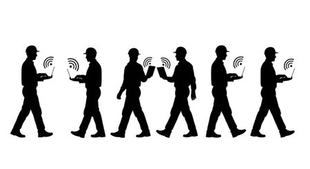 Black Solid Network Engineer Signal Test Walk Silhouettes Set of Six isolated on plain white...
