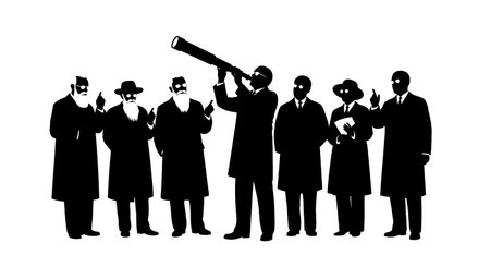 Black Solid Scientist Holding Telescope Silhouettes Set of Six isolated on plain white background.のイラスト素材
