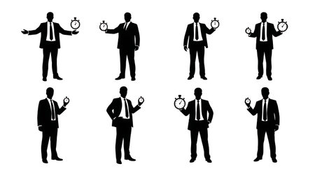 Black Solid Project Manager Stopwatch Silhouettes Set of Six isolated on plain white background.のイラスト素材