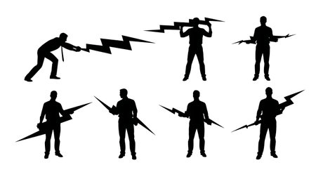 Black Solid Analysts Holding Lightning Bolts Set of Six isolated on plain white background.のイラスト素材