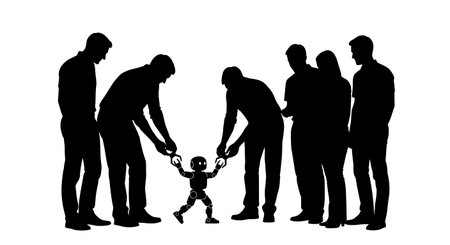 Black Solid Robotics Engineer Teaching Robot Silhouettes Set of Six isolated on plain white background.のイラスト素材