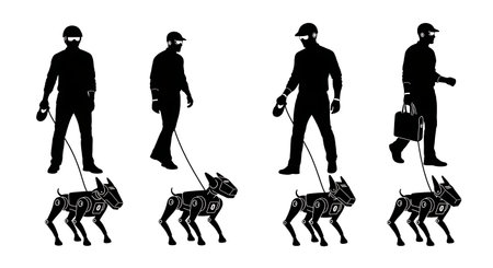 Black Solid Robotics Engineer Robot Dog Silhouettes Set of Six isolated on plain white background.のイラスト素材