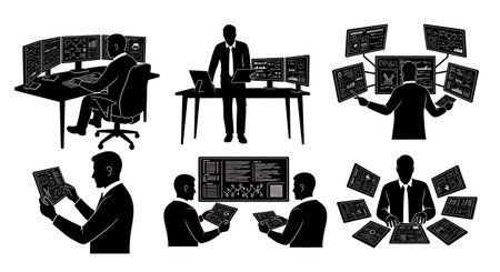 Black Solid Cyber Security Analyst Silhouettes Set of Six on White Background isolated on plain white background.のイラスト素材