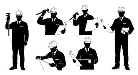 Black Solid Quality Auditor Measuring Silhouettes Set of Six on White Background isolated on plain white background.のイラスト素材