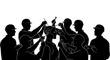 Black Solid Robotics Engineer Fixing Head Silhouettes Set of Six isolated on plain white background.