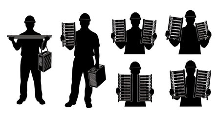 Black Solid Server Admin Holding Rails Silhouettes Set of Six isolated on plain white background.のイラスト素材