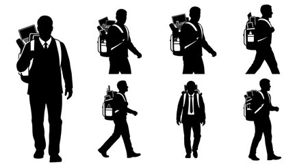 Black Solid System Administrator with Backpack Silhouettes Set of Six on White Background isolated on plain white background.のイラスト素材