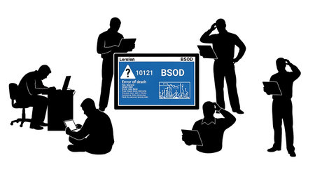 Black Solid System Administrator BSOD Read Silhouettes Set of Six on White Background isolated on plain white background.のイラスト素材