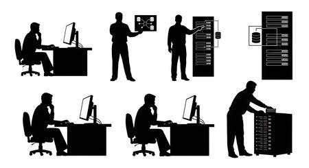 Black Solid System Administrator Database Cluster Silhouettes Set of Six on White Background isolated on plain white background.のイラスト素材