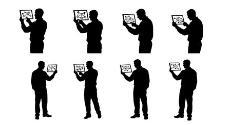 Black Solid Sysadmin Holding Tablet Silhouettes Set of Six isolated on plain white background.のイラスト素材