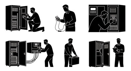 Black Solid System Administrator UPS Check Silhouettes Set of Six on White Background isolated on plain white background.のイラスト素材